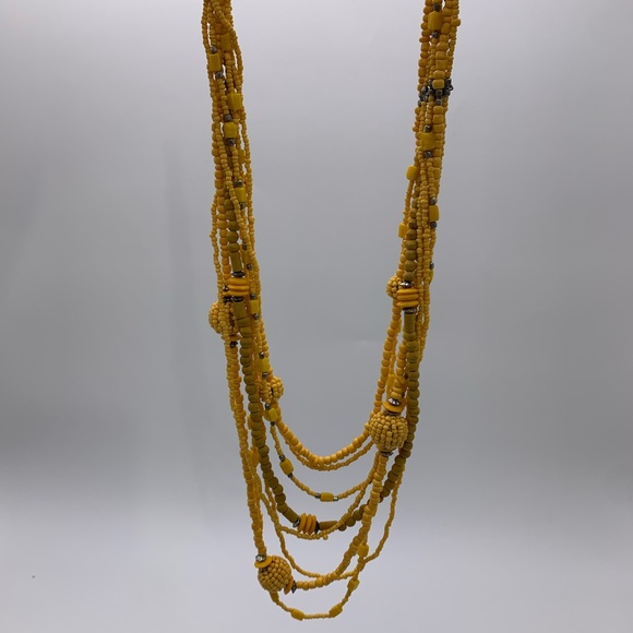 Long Vintage Hand beaded Mustard Yellow Seed & Wooden Beads Adjustable Necklace - Picture 3 of 6